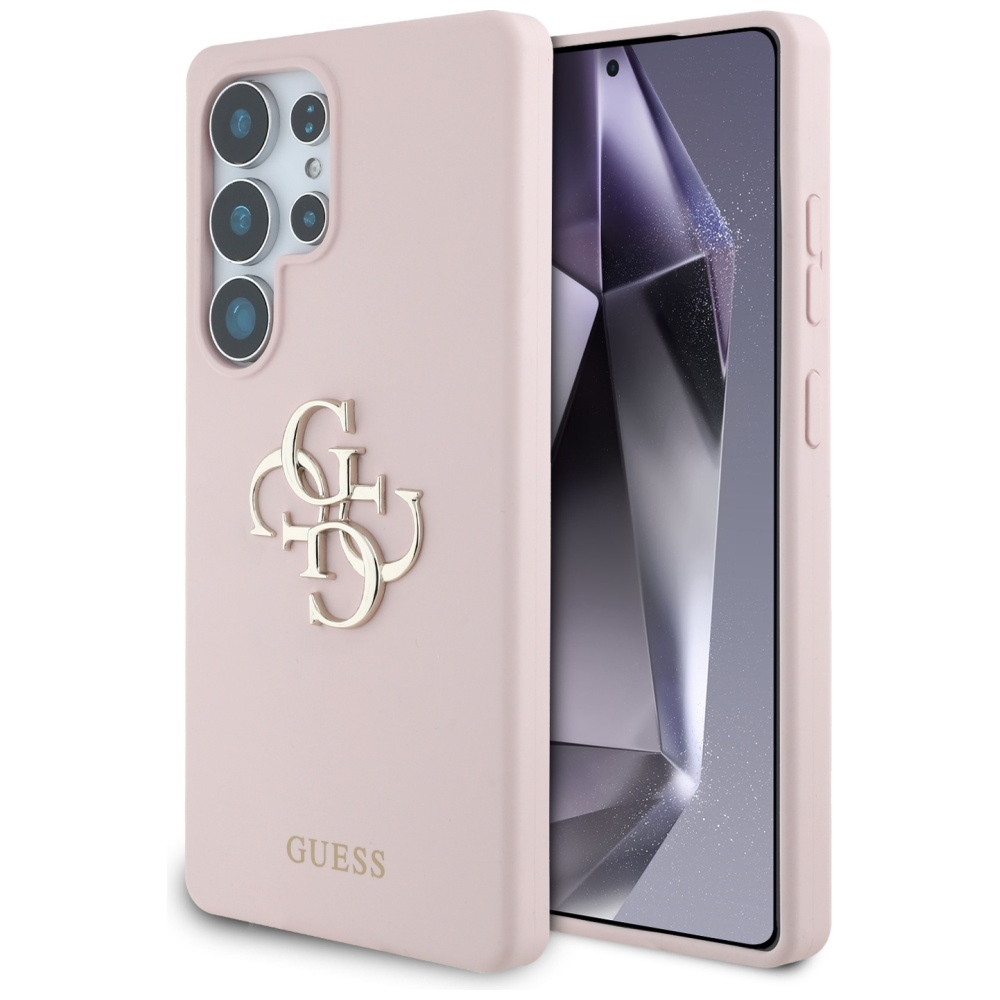 Dėklas telefonui Samsung Galaxy S25 Ultra – rožinis, Guess silikoninis didelis 4G logotipo apačioje užrašas