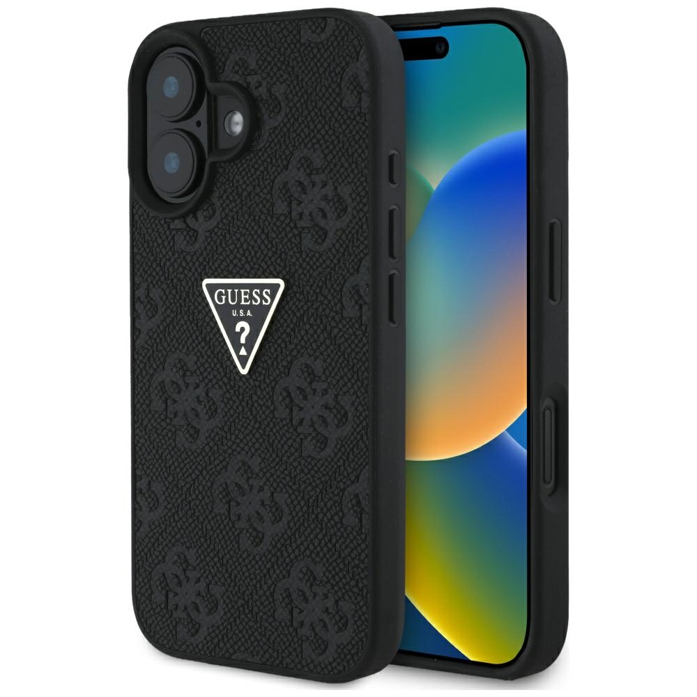 Guess karšto spaudimo 4G rašto trikampio metalo logotipo dėklas telefonui iPhone 16 - juoda