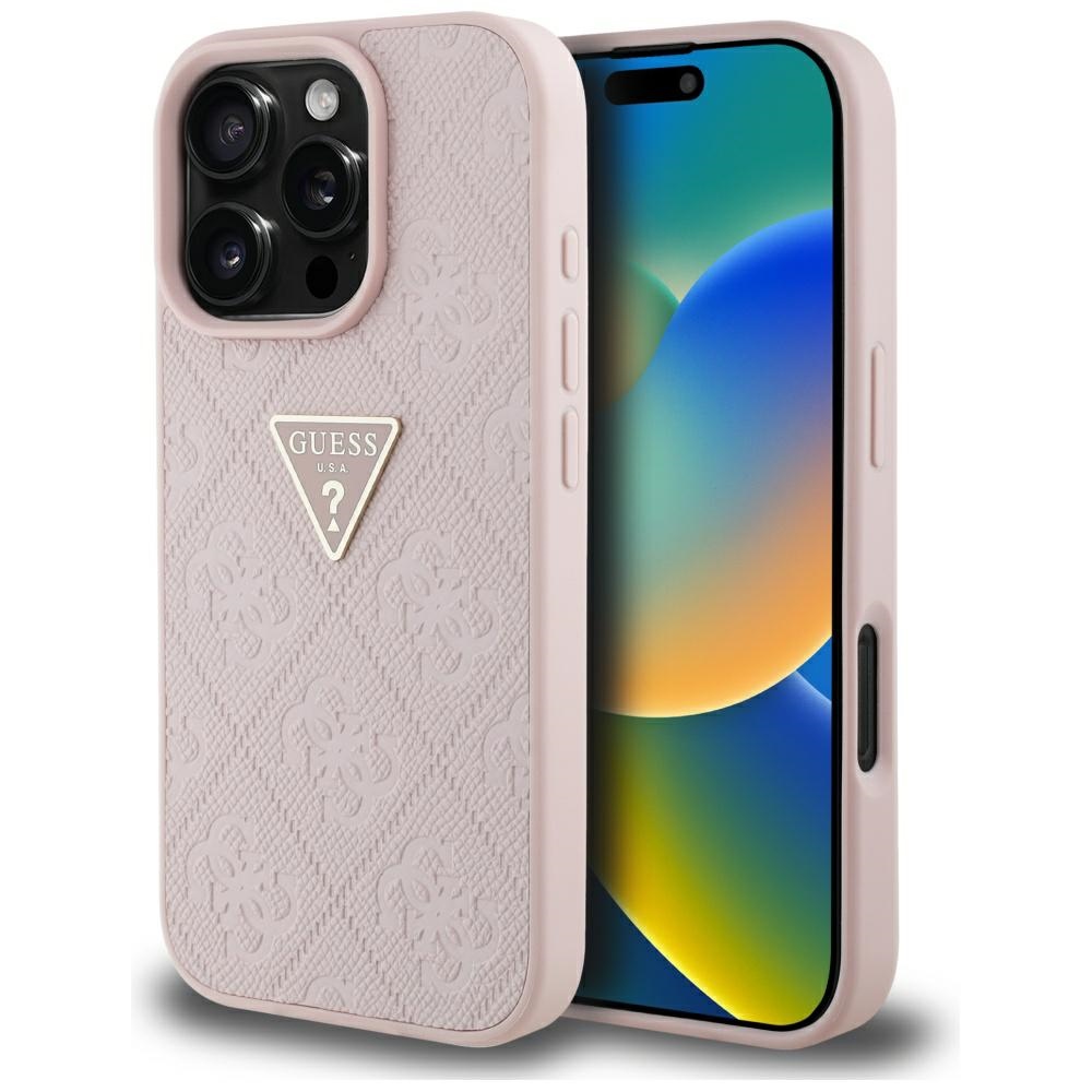 Guess Hot Stamp 4G Pattern Triangle Metal Logo dėklas telefonui iPhone 16 Pro Max - rožinis