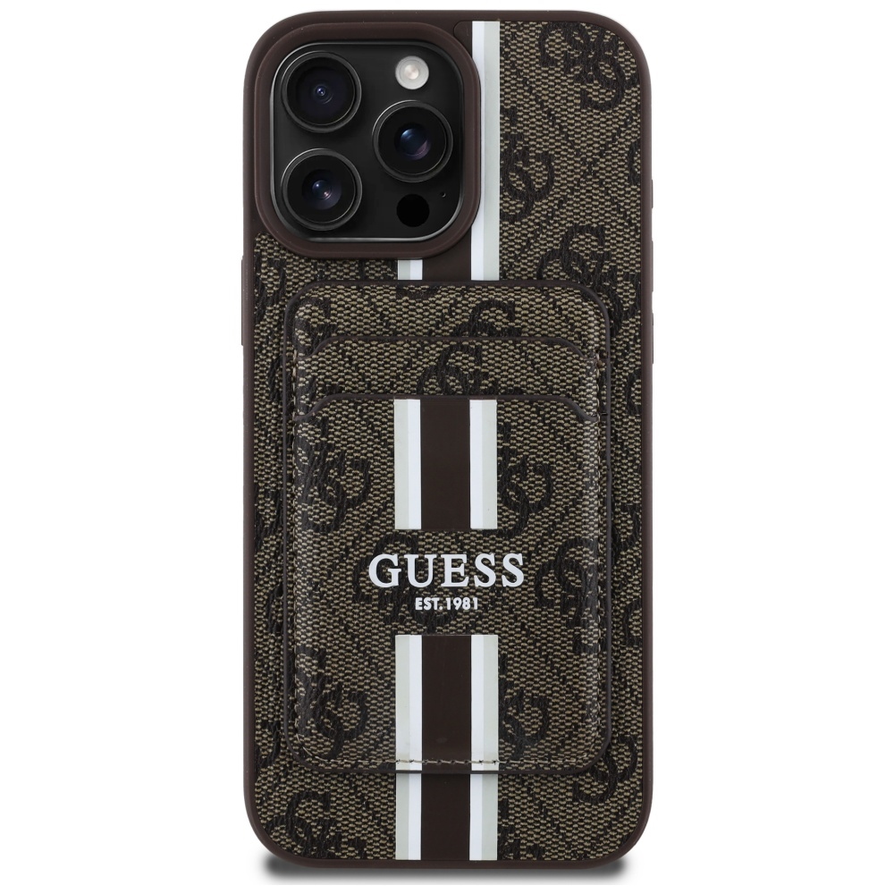 Guess 4G Stripes dėklas su Magnetinė pinigine iPhone 16 Pro Max - rudas