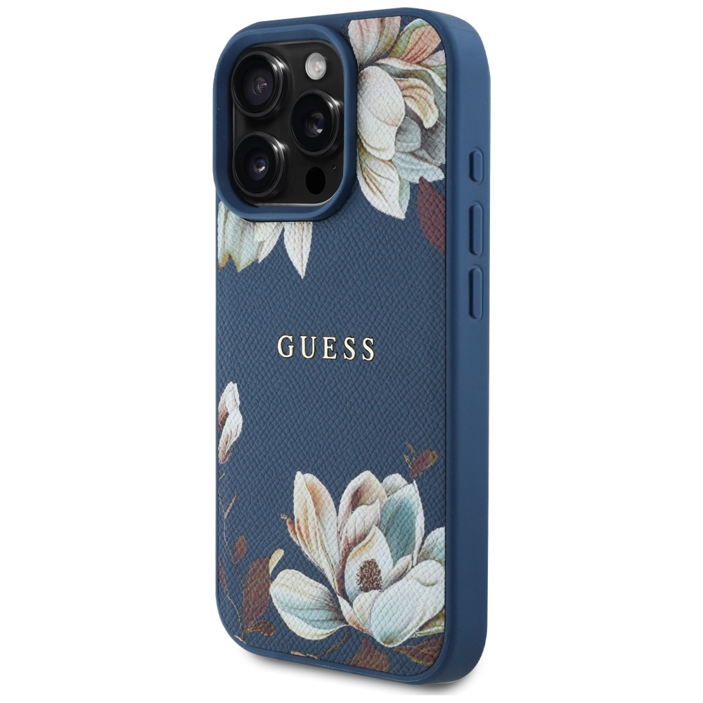 Guess grūdėto rašto gėlių motyvo MagSafe dėklas iPhone 16 Pro Max - mėlynas