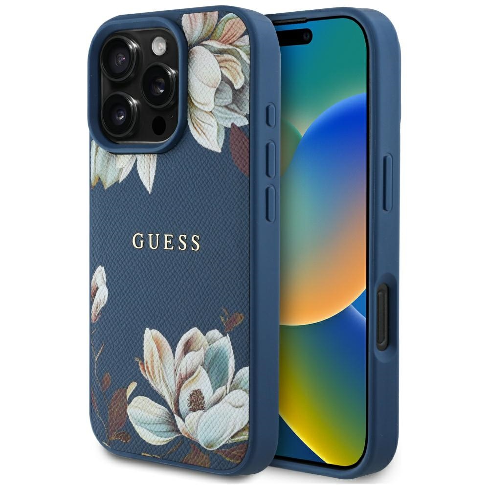 Guess Grained Printed Flower Pattern MagSafe dėklas telefonui iPhone 16 Pro mėlynas