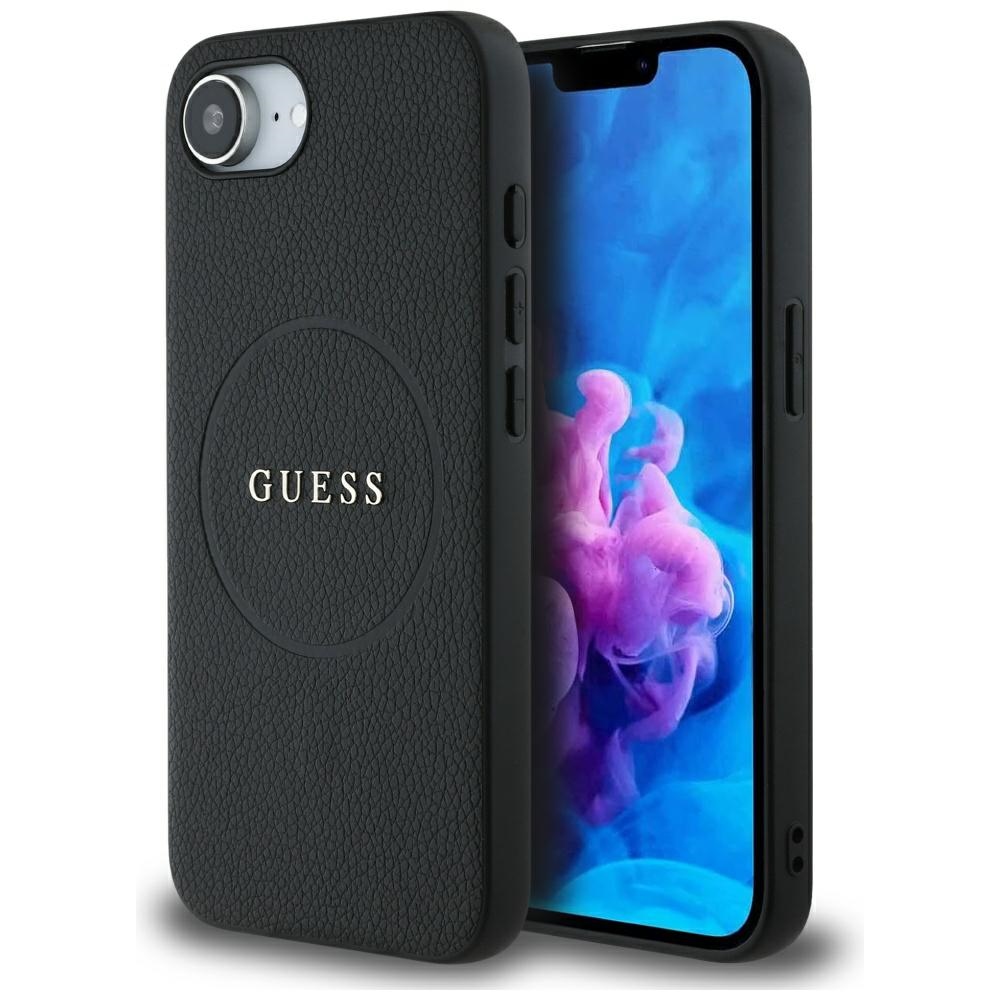 Guess PU Grained Classic Logo dėklas telefonui iPhone 16e su MagSafe - juodas