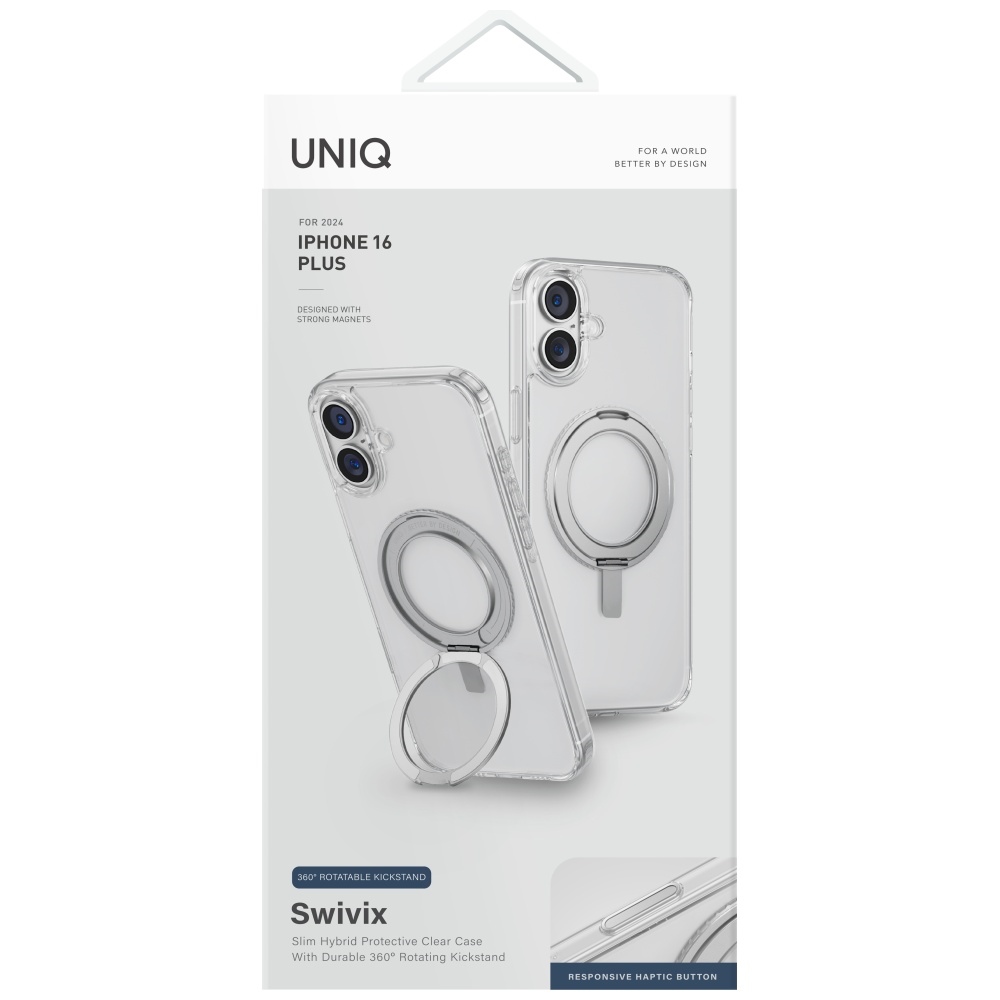Uniq Swivix 360 sukamas stovas dėklas telefonui iPhone 16 Plus - skaidrus