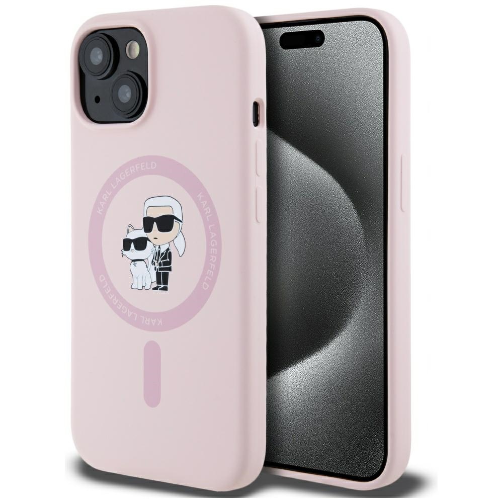 Karl Lagerfeld silikoninis Karl&Choupette Magnetinis dėklas telefonui iPhone 15 Plus - rožinis