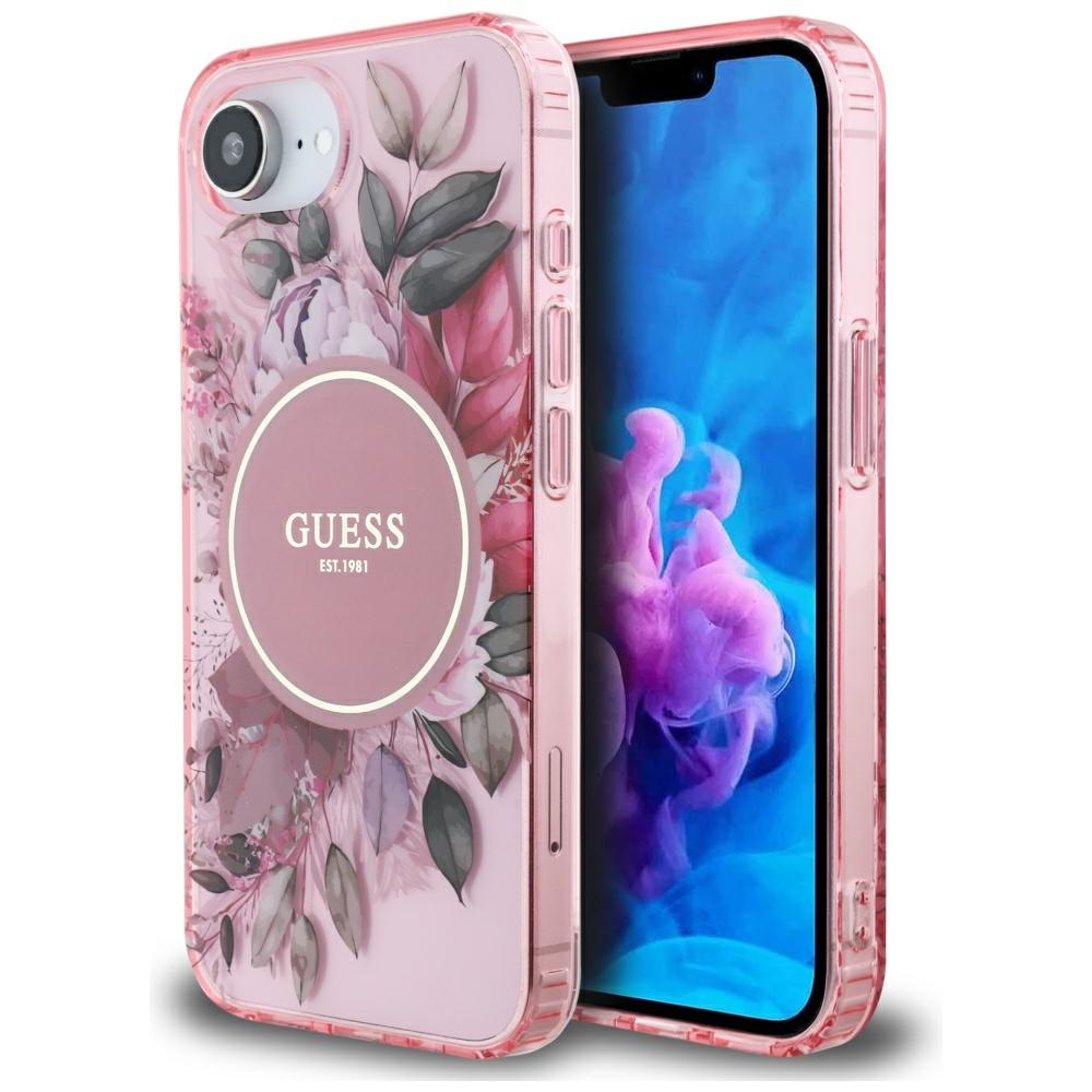 Guess IML Flowers Magnetinis dėklas telefonui iPhone 16e - rožinis