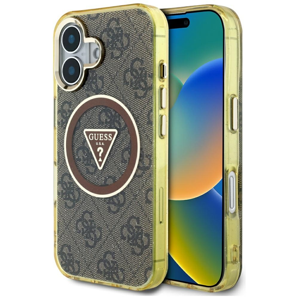 Guess IML Metal Glitter 4G Circle Triangle Magnetinis dėklas telefonui iPhone 16 - rudas