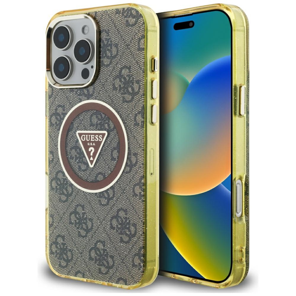 Guess IML Metal Glitter 4G Circle Triangle Magnetinis dėklas telefonui iPhone 16 Pro - rudas