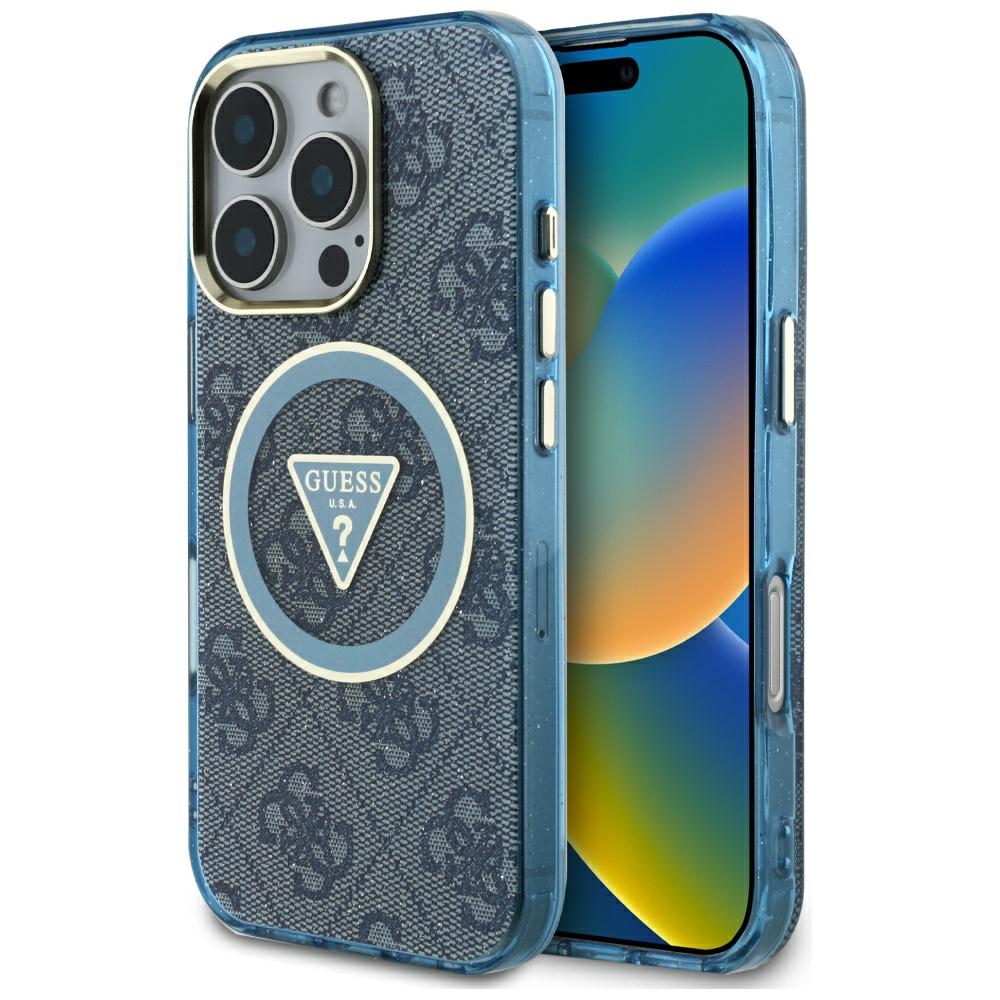 Guess IML Metal Glitter 4G Circle Triangle Magnetinis dėklas telefonui iPhone 16 Pro Max - mėlynas