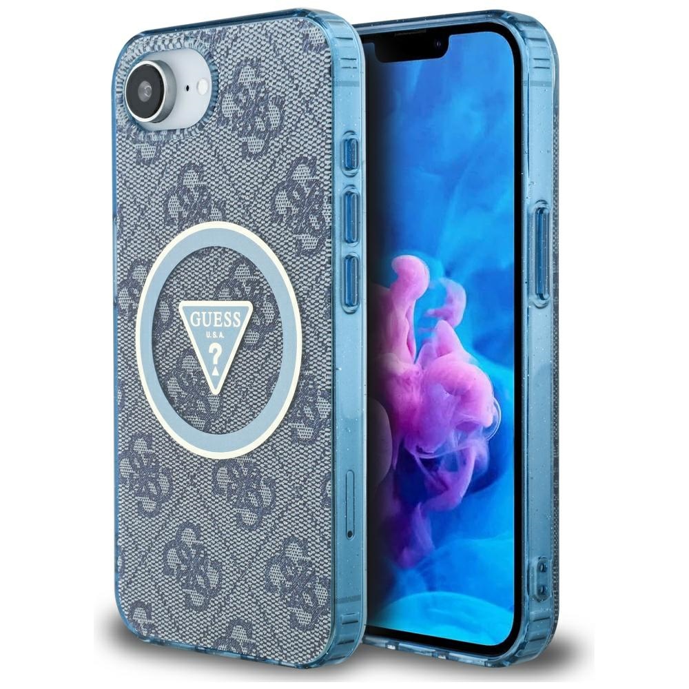 Guess IML Metal Glitter 4G Circle Triangle Magnetinis dėklas telefonui iPhone 16e - mėlynas