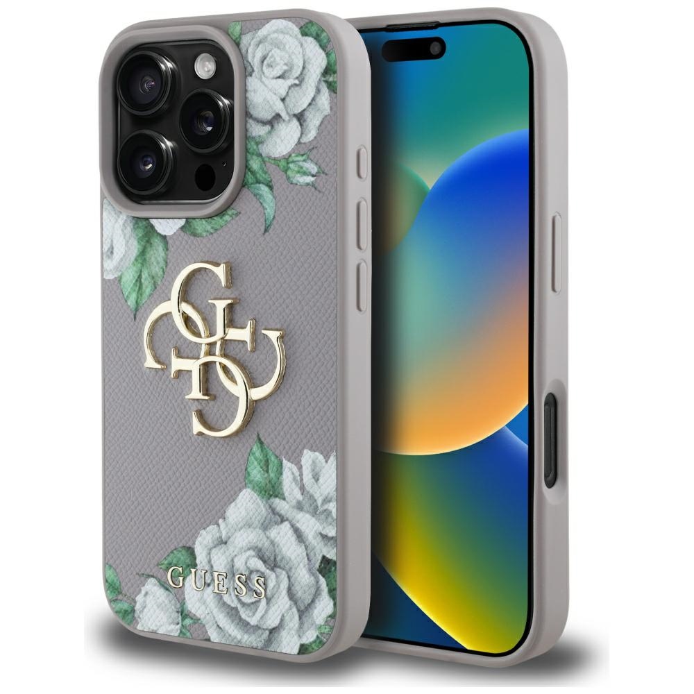 Guess Grained Roses Big 4G Logo dėklas telefonui iPhone 16 Pro - violetinis