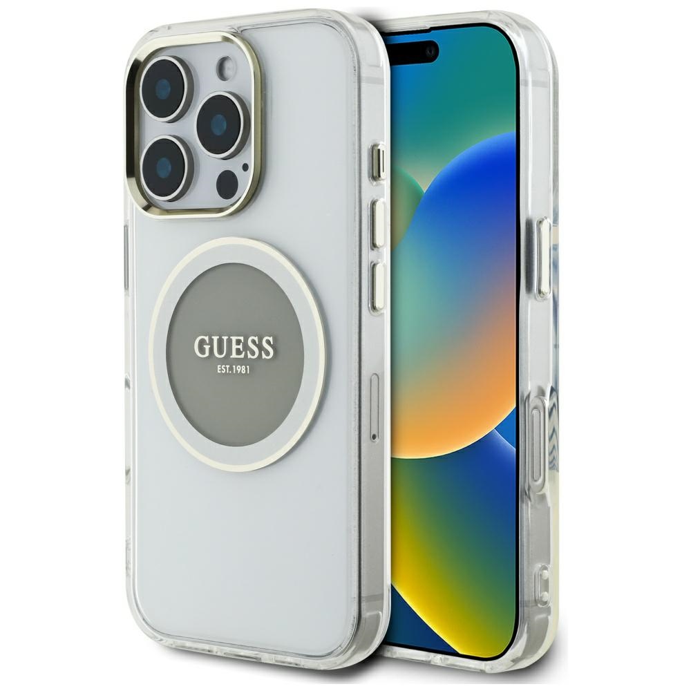 Guess IML Metal Colored Circle Classic Logo Magnetinis dėklas telefonui iPhone 16 Pro - pilkas