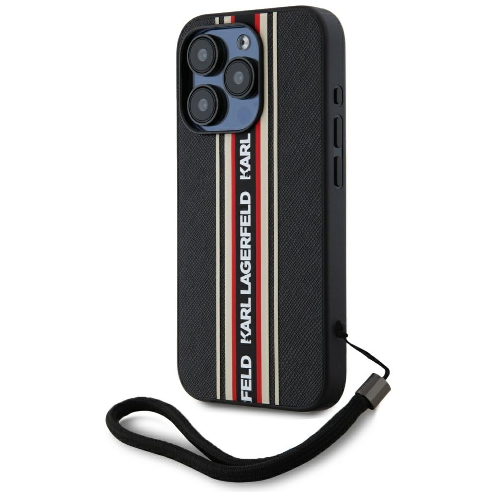 Karl Lagerfeld Saffiano Athleisure Stripes Cord Dėklas telefonui iPhone 15 Pro Max - raudonas