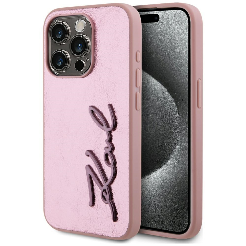 Karl Lagerfeld Wrinkled Metal Signature dėklas telefonui iPhone 15 Pro - rožinė