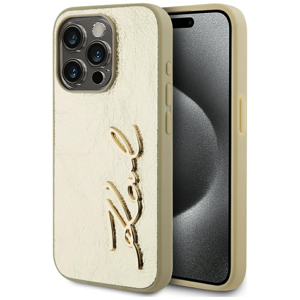 Karl Lagerfeld Wrinkled Metal Signature dėklas telefonui iPhone 15 Pro - auksinė