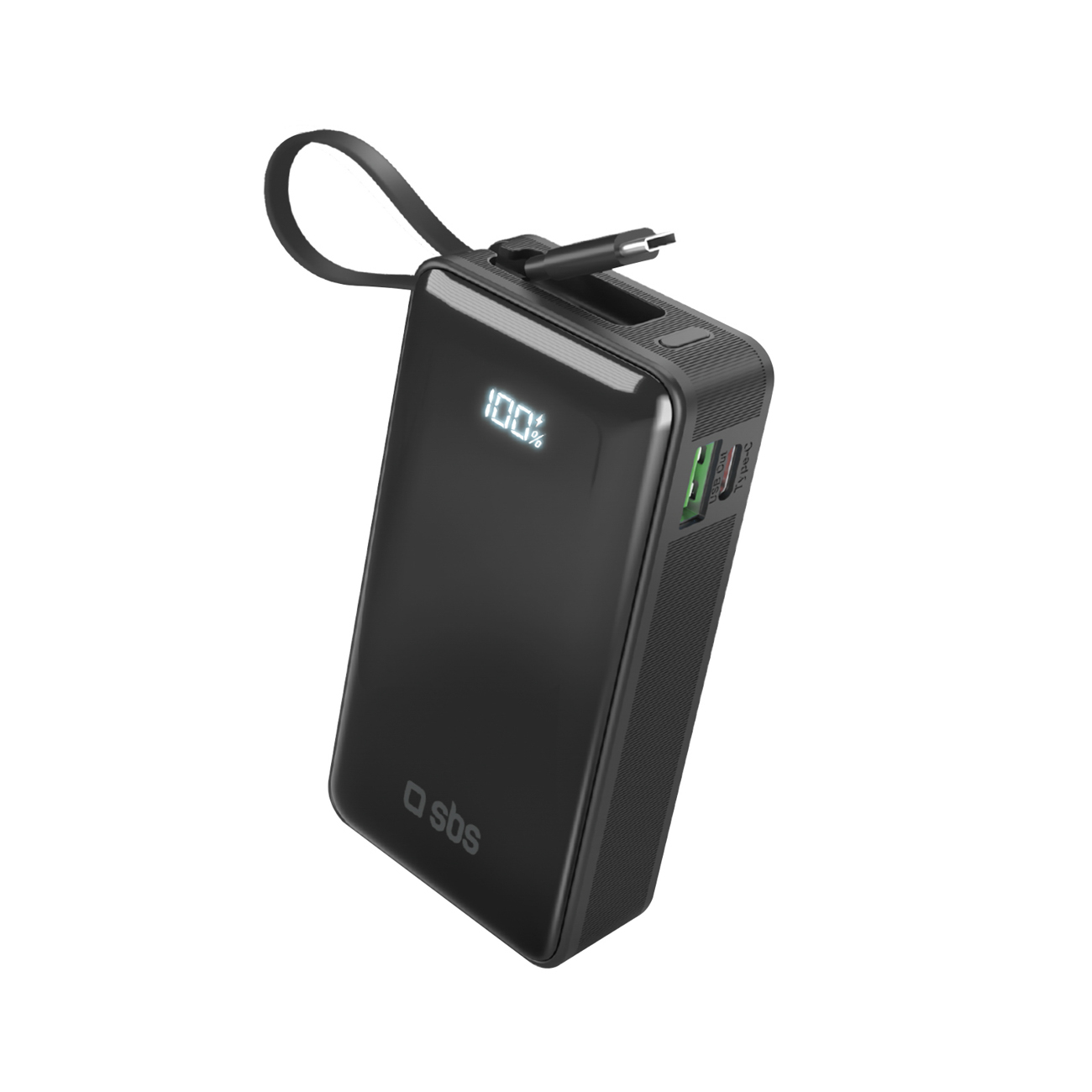 Išorinė baterija SBS 10000 mAh 20W su įmontuotu USB-C kabeliu ir skaitmenine indikacija - juoda