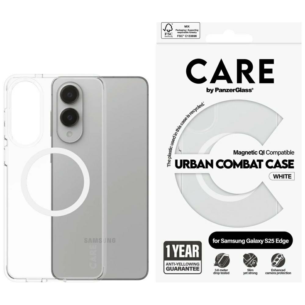 CARE by PanzerGlass Flagmanas Urban Combat baltas dėklas su QI Samsung Galaxy S25 Edge - skaidrus