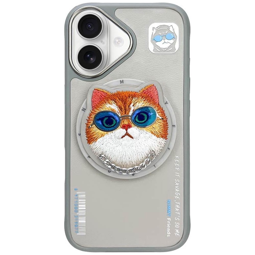 AmazingThing Nimmy Glasses Cool Cat MagSafe dėklas telefonui iPhone 16 – pilkas