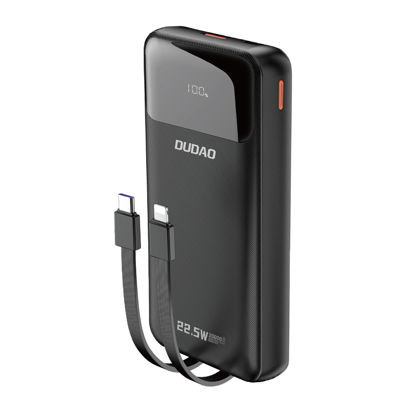 Dudao K15Pro išorinė baterija 20000mAh 22.5W PD USB-C / USB-A / su įmontuotais Lightning ir USB-C kabeliais - juoda