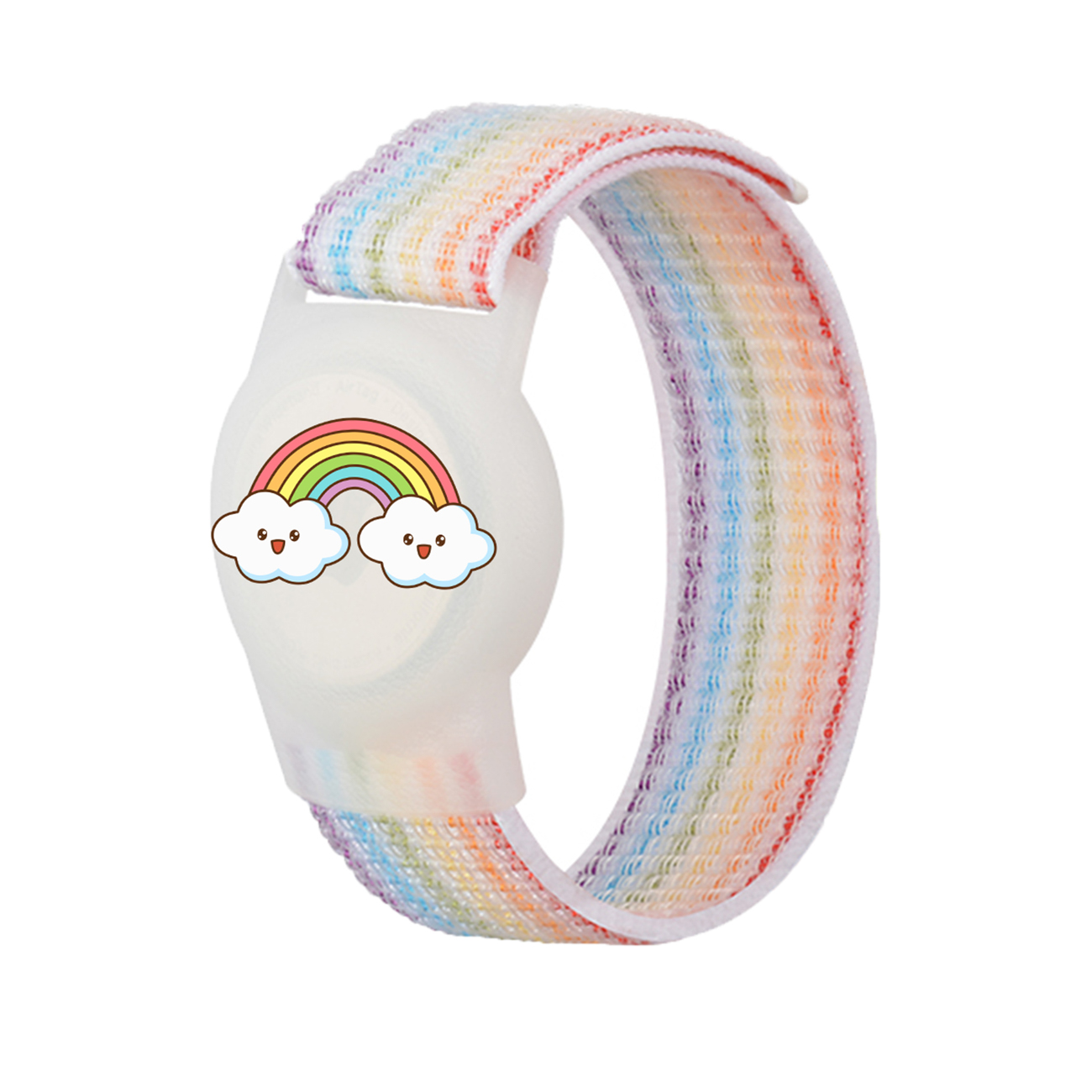 AirTag dėklas su dirželiu vaikams, nailoninis apyrankė - su vaivorykštės spalvų dirželiu