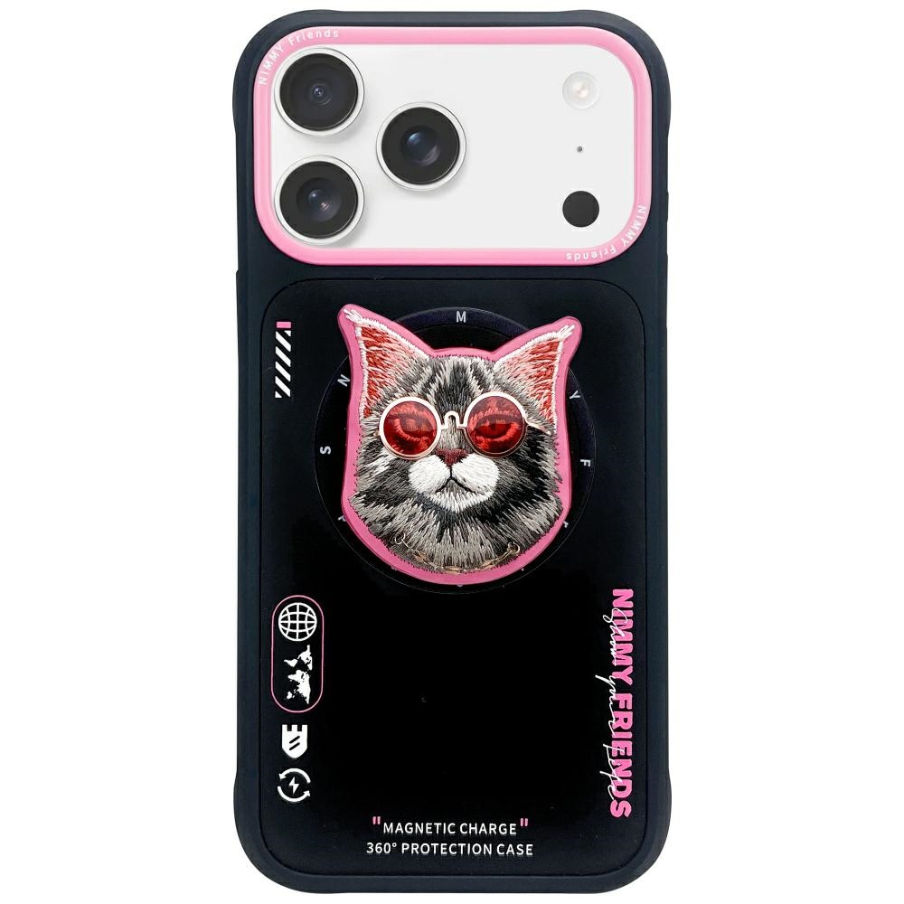 Nimmy Glasses Cool Cat magnetinis dėklas telefonui iPhone 17 Pro - juodas ir rožinis