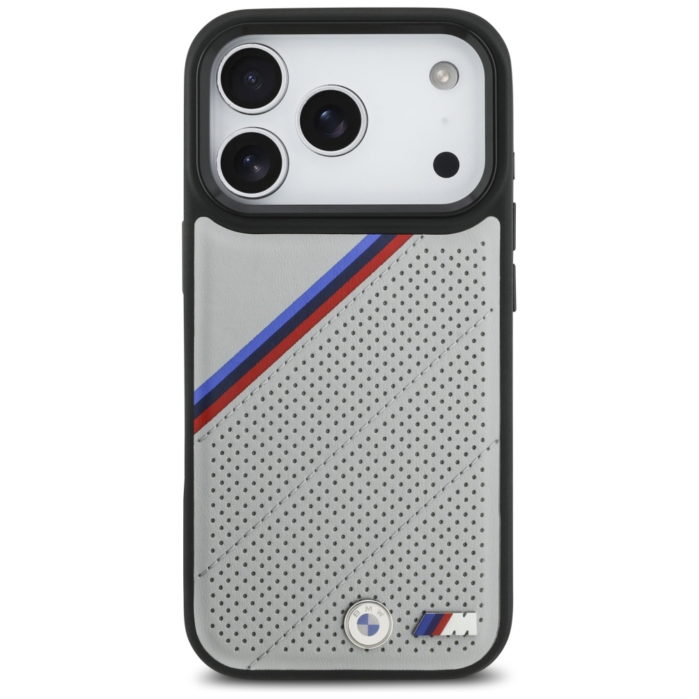 BMW M Tricolor Metal Logo MagSafe dėklas telefonui iPhone 17 Pro - pilkas