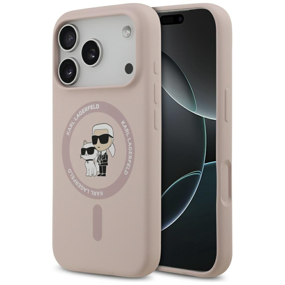 Karl Lagerfeld silikoninis Karl&Choupette žiedinis magnetinis dėklas telefonui iPhone 17 Pro - rožinis