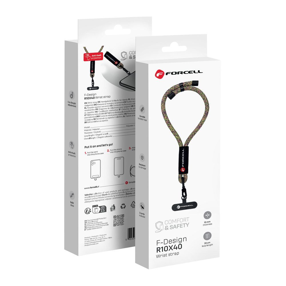 FORCELL F-DESIGN R10X40 riešo telefono virvelė su reguliuojamu ilgiu (maks. 20cm kilpoje) žalia rožinė violetinė