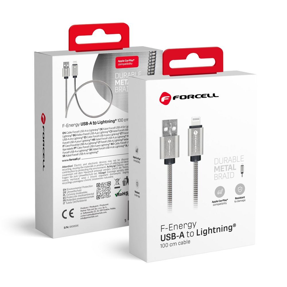 FORCELL F-ENERGY Metal C236 kabelis USB A į Lightning 2,4A 12W 1 m sidabrinis