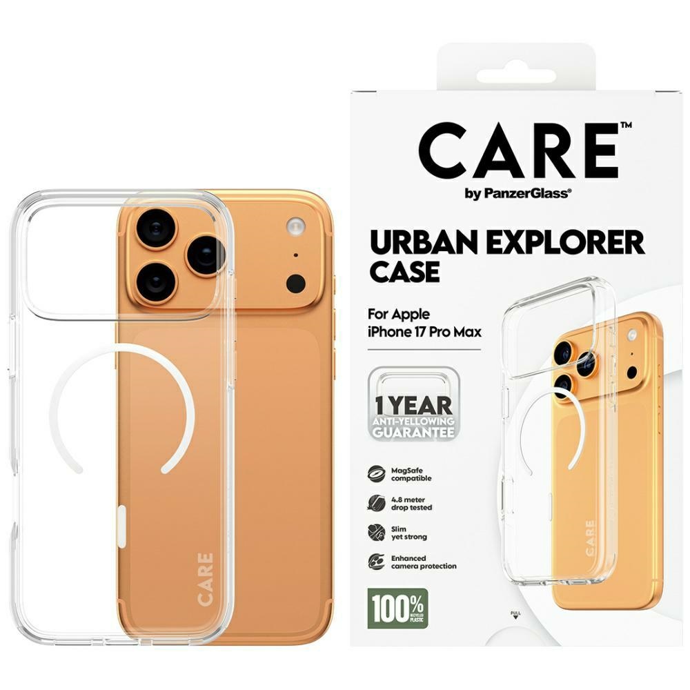 CARE by PanzerGlass Flagship Urban Explorer Magnetinis dėklas telefonui iPhone 17 Pro Max su baltu MagSafe - skaidrus