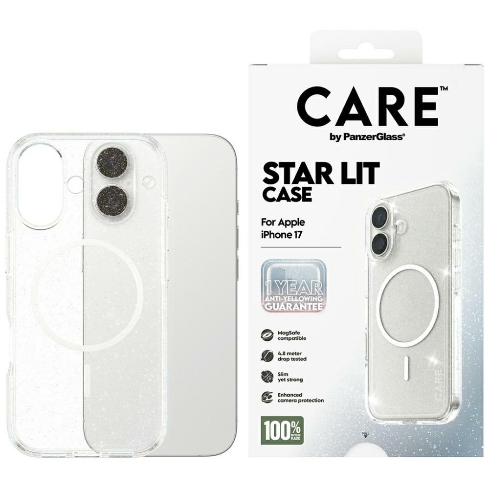 CARE by PanzerGlass Flagship Urban Explorer dėklas telefonui su baltu magnetiniu MagSafe, skirtas iPhone 17 – skaidrus su blizgučiais