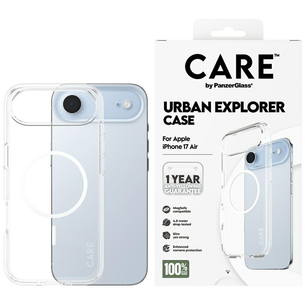 CARE by PanzerGlass Flagship Urban Explorer dėklas telefonui su baltu magnetiniu MagSafe, skirtas iPhone Air – skaidrus