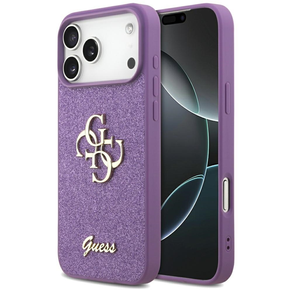 Guess Fiksuotas Blizgus Didelis 4G dėklas telefonui iPhone 17 Pro Max - violetinė