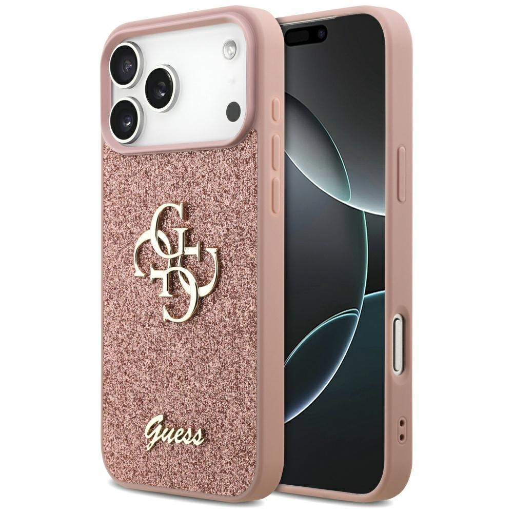 Guess Fiksuotas Blizgus Didelis 4G dėklas telefonui iPhone 17 Pro Max - rožinė