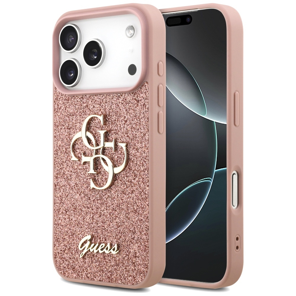 Guess Fiksuotas Blizgus Didelis 4G dėklas telefonui iPhone 17 Pro - rožinė