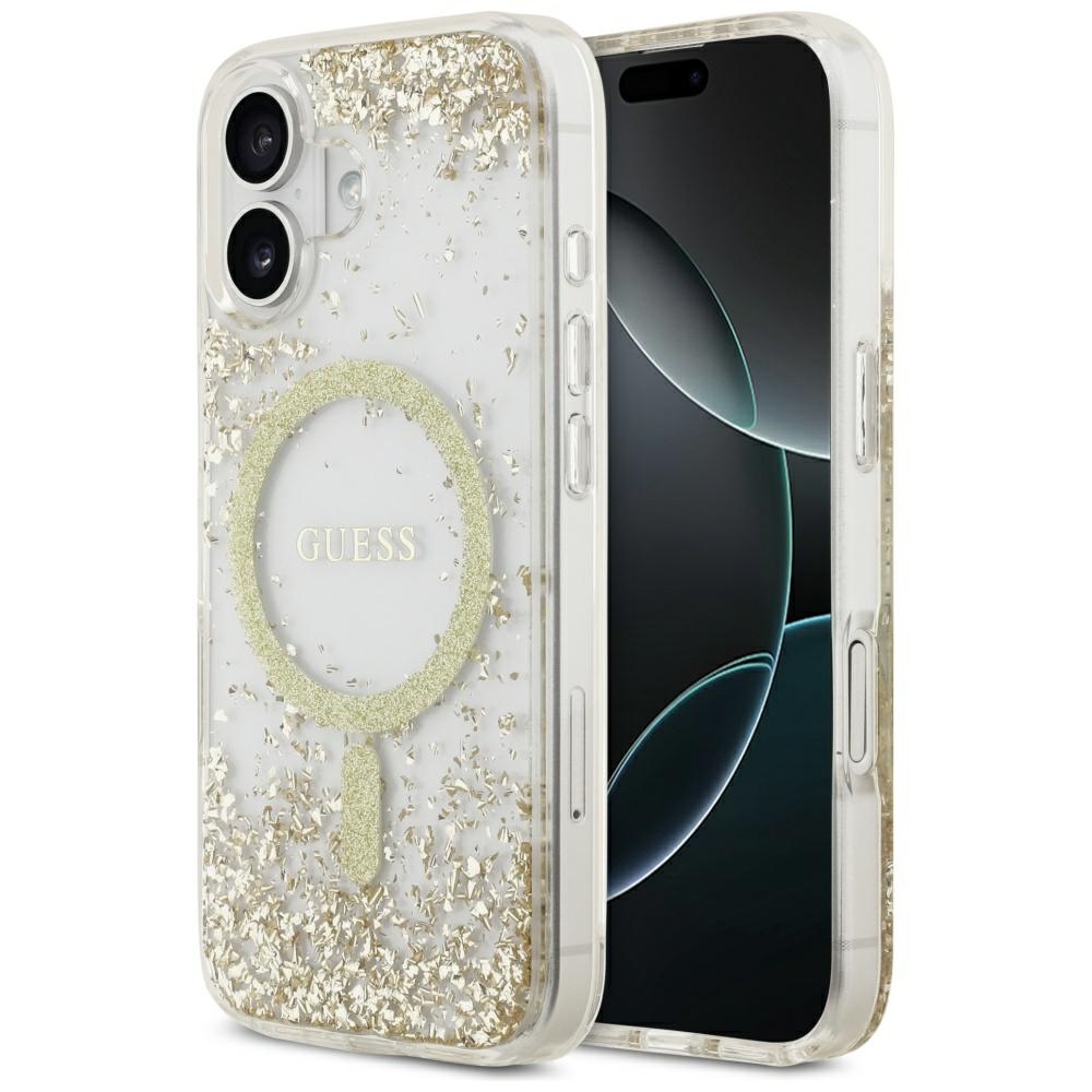 Guess Resin Bottom Glitter Magnetinis dėklas telefonui iPhone 17 - auksinė