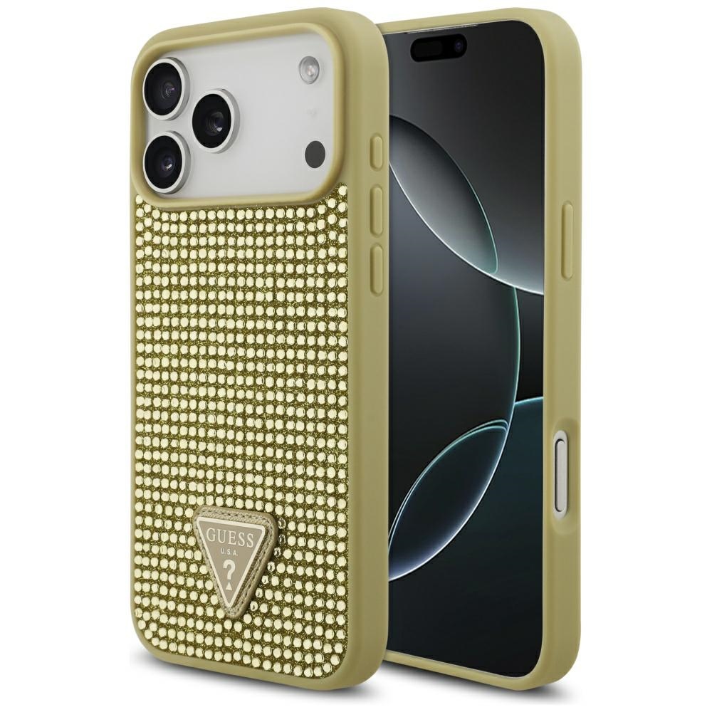 Guess Rhinestone Triangle Logo dėklas telefonui iPhone 17 Pro Max - auksinė