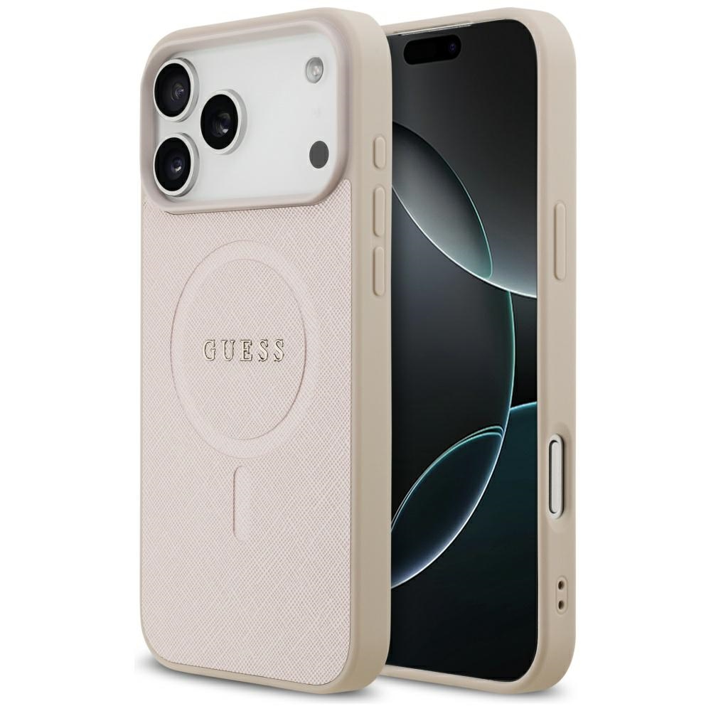 Guess Saffiano klasikinis MagSafe dėklas iPhone 17 Pro Max su logotipu - rožinis