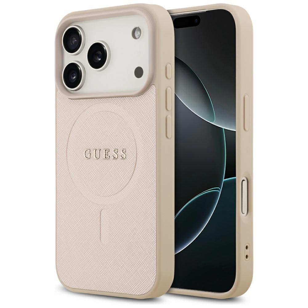 Guess Saffiano klasikinis MagSafe dėklas iPhone 17 Pro su logotipu - rožinis