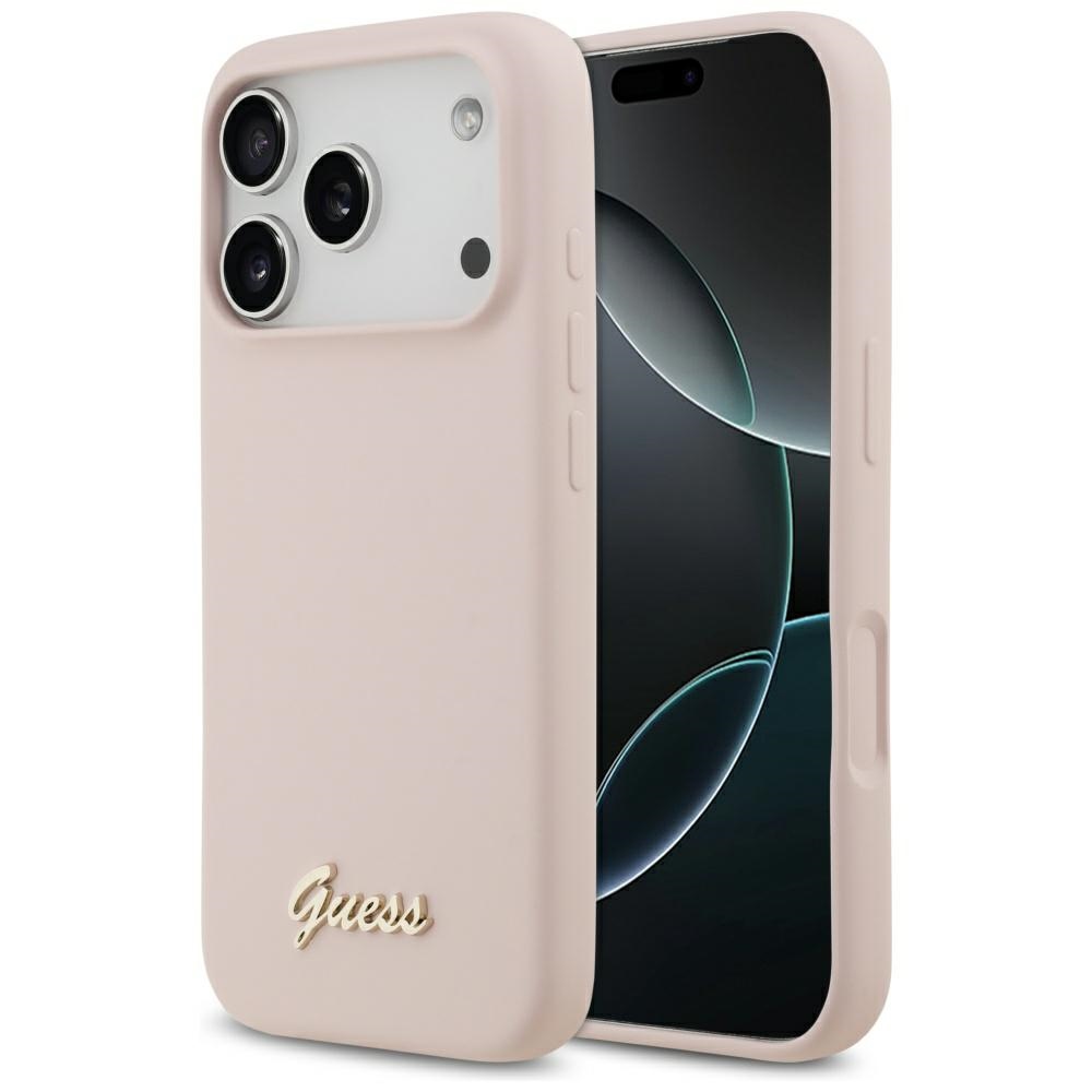Guess Silikoninis Raštas Metalinis Logo Magnetinė dėklas telefonui iPhone 17 Pro - Rožinė
