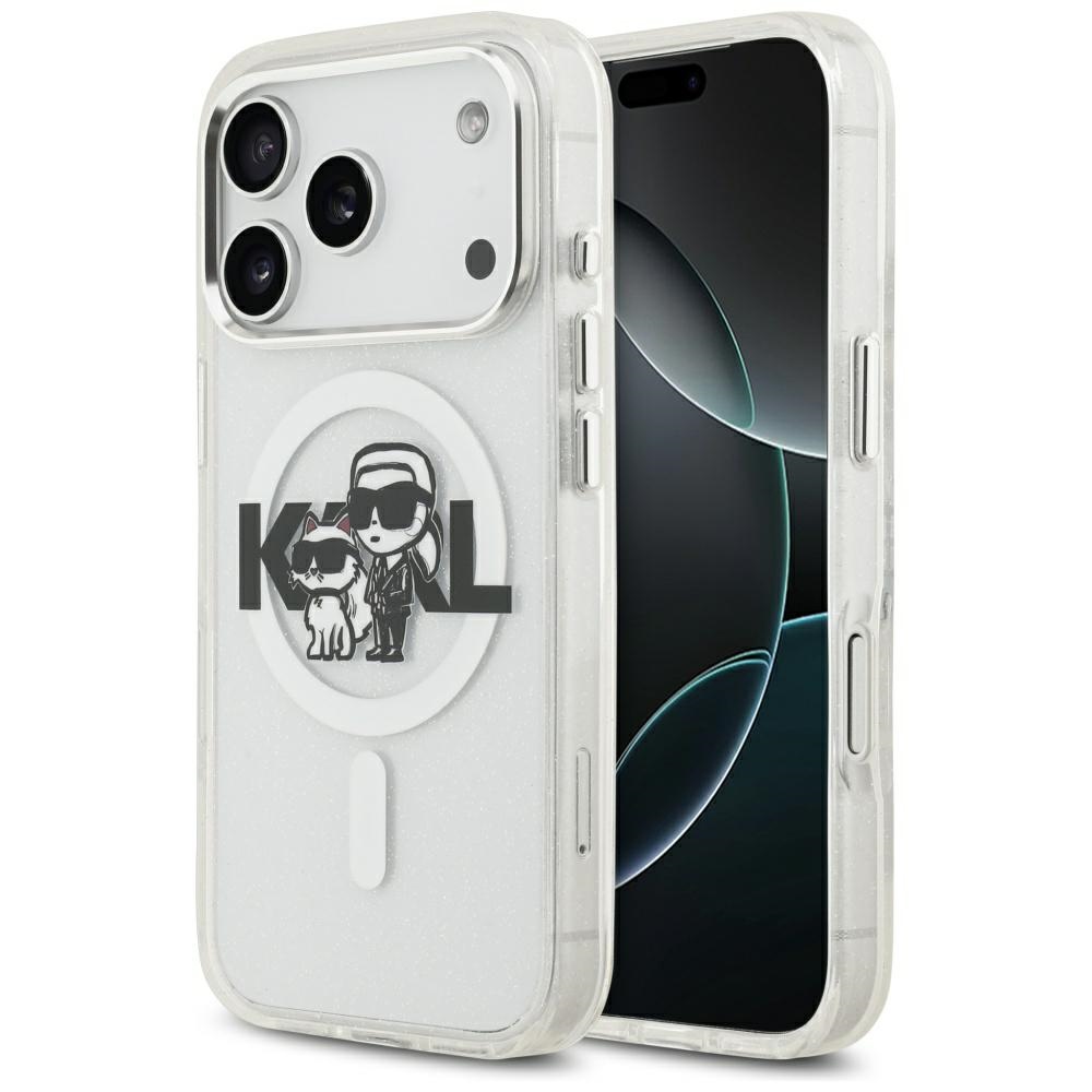 Karl Lagerfeld IML Glitter Karl & Choupette Sketch Logo Magnetinis dėklas telefonui iPhone 17 Pro - skaidrus