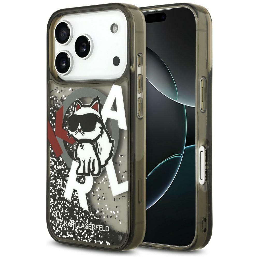 Karl Lagerfeld Skystas blizgantis Choupette logotipas Magnetinis dėklas telefonui iPhone 17 Pro Max - juodas