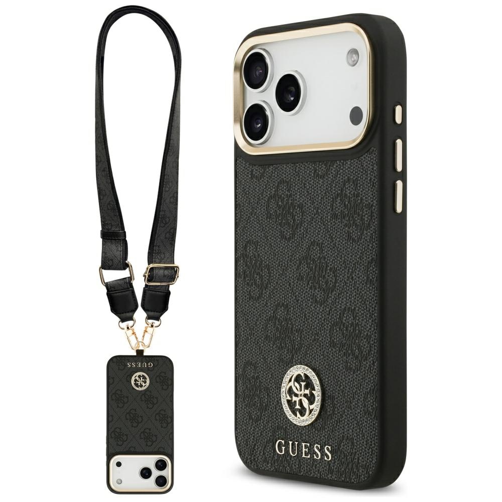 Guess 4G Strass Logo & Big Strap Metal Buttons Magnetinis dėklas iPhone 17 Pro Max - juodas