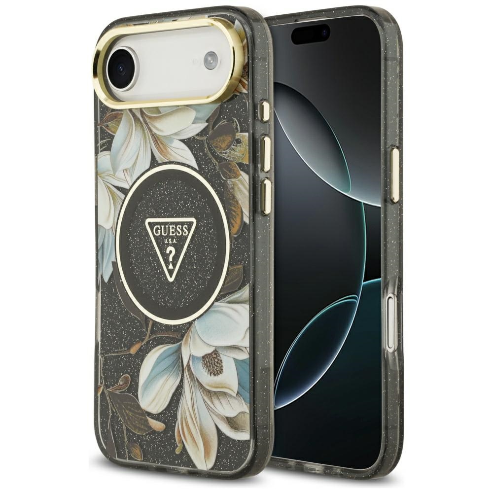 Guess IML Blizgučių Gėlių Trikampis Magnetinis dėklas telefonui iPhone Air - juoda