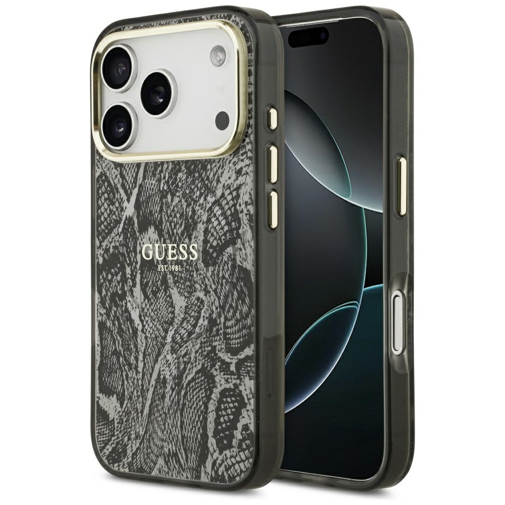 Guess Pitono rašto magnetinis dėklas iPhone 17 Pro - juodas
