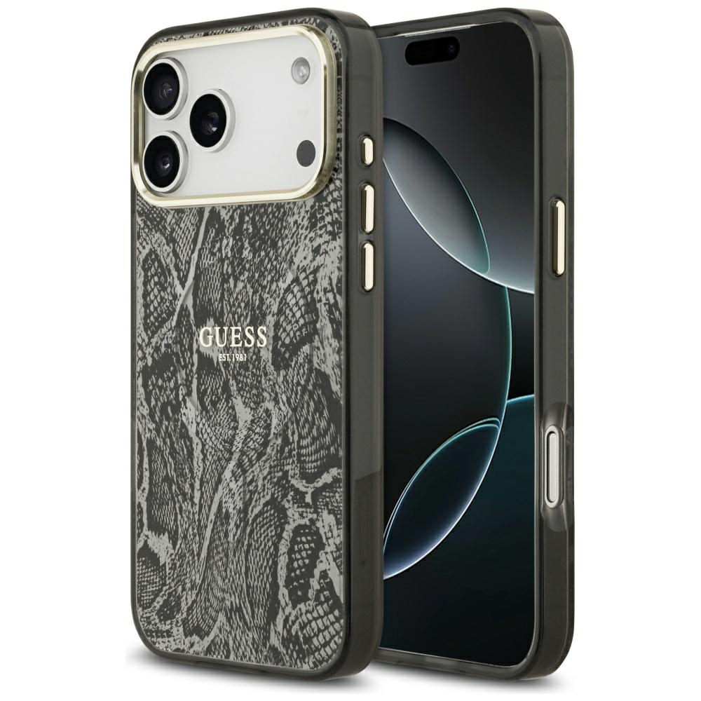 Guess Pitono rašto magnetinis dėklas iPhone 17 Pro Max - juodas