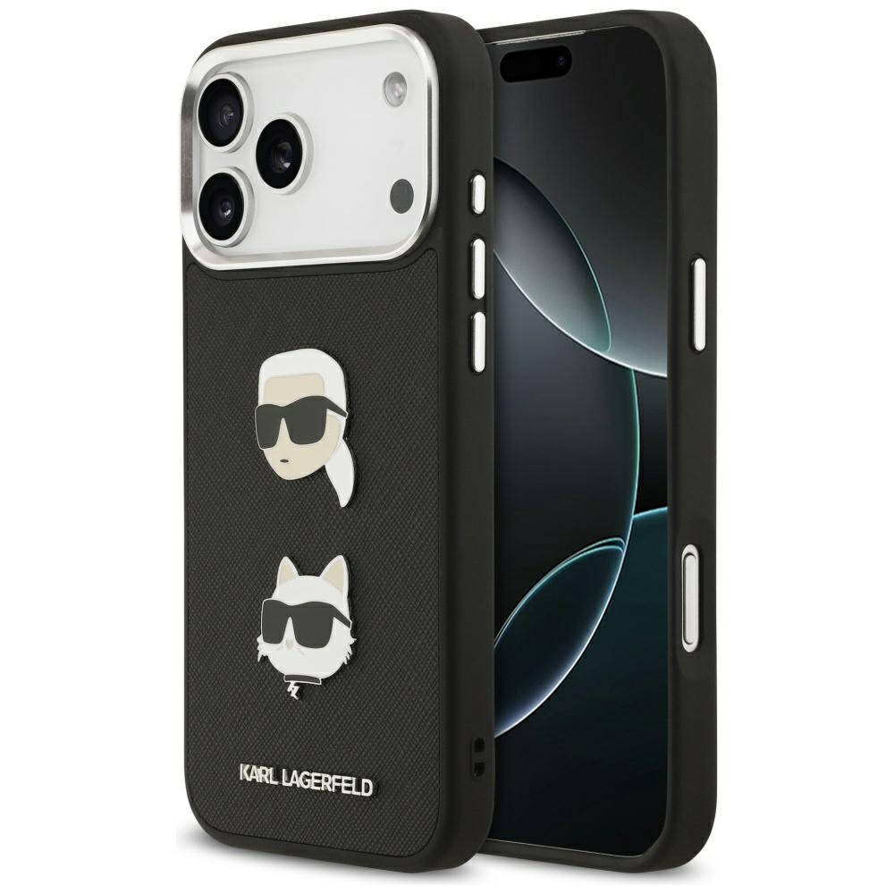 Karl Lagerfeld FW Grūdintas Karl & Choupette galvos ženkliukai ir logotipas iPhone 17 Pro Max dėklas - juodas
