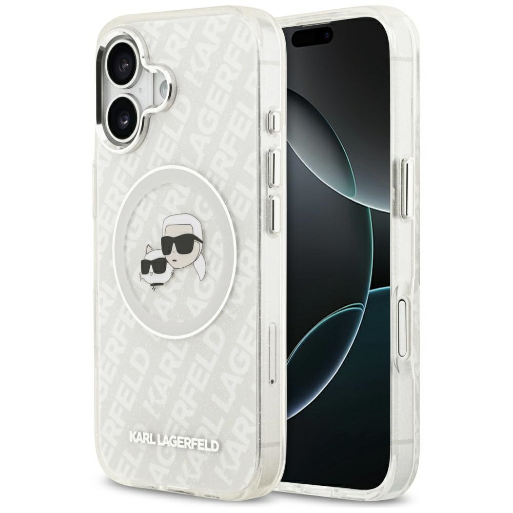 Karl Lagerfeld IML Blizgantis Karl & Choupette Heads Logo magnetinis dėklas telefonui iPhone 17 - pilkas