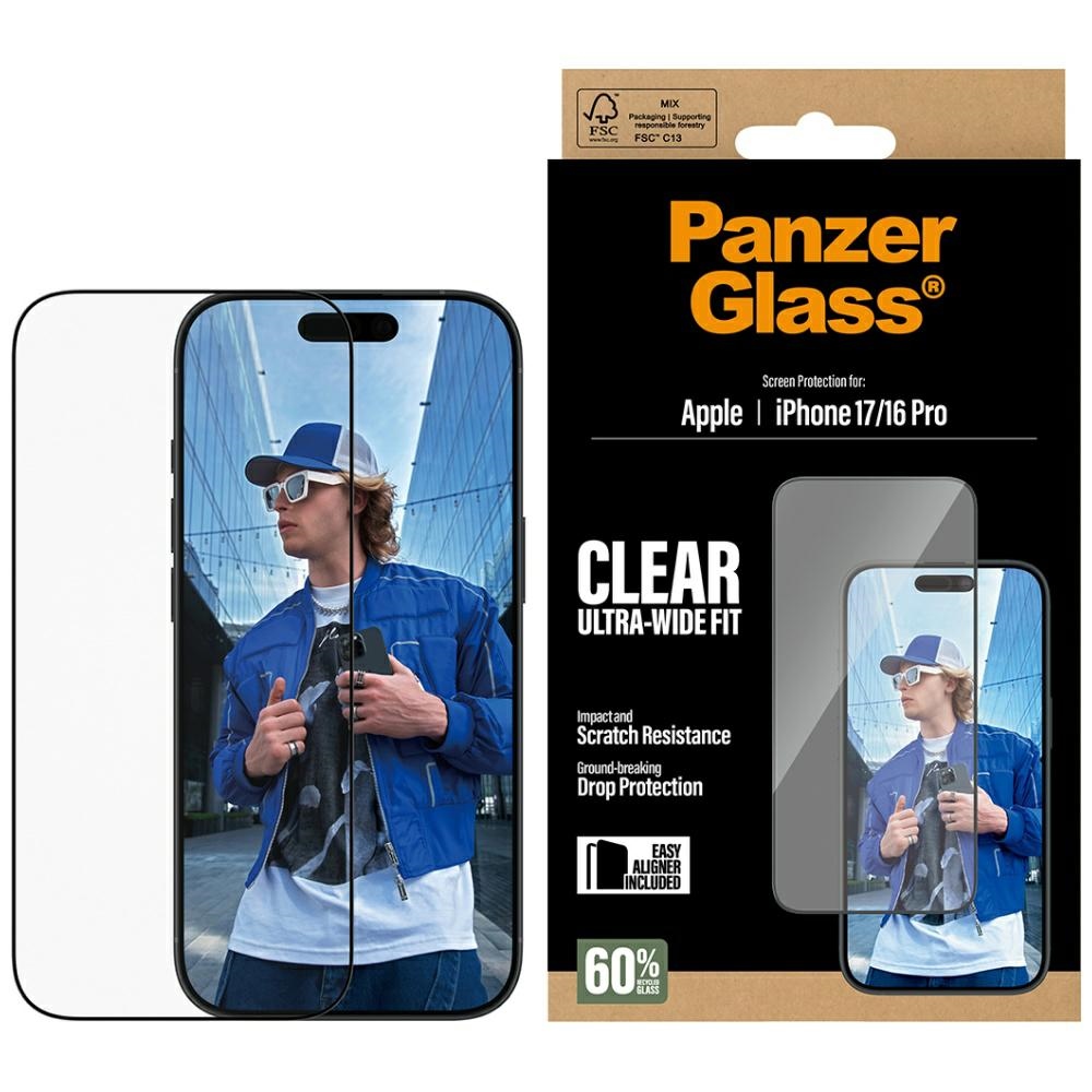 PanzerGlass itin platus EasyAligner grūdintas apsauginis stiklas iPhone 17 / 16 Pro telefonui