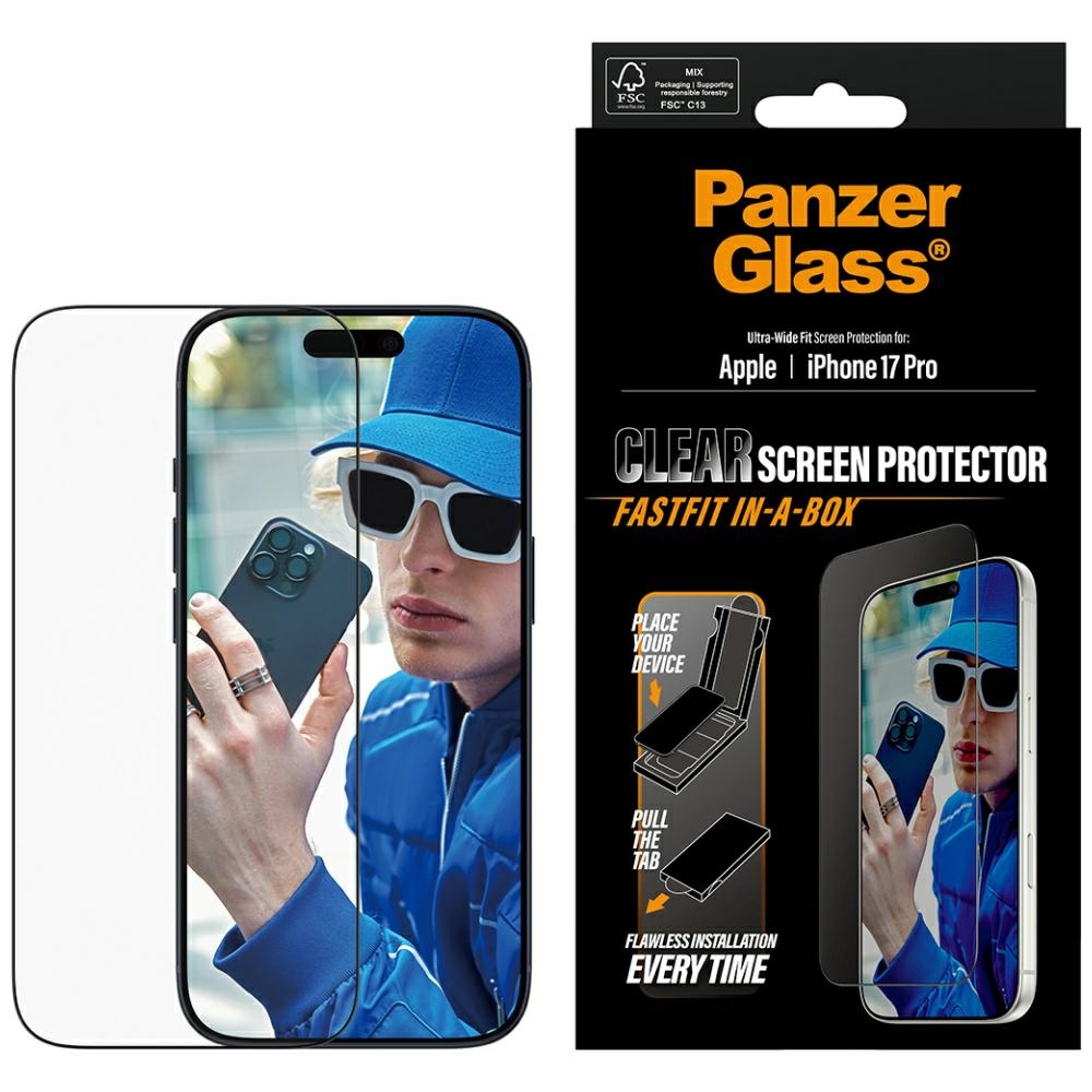 PanzerGlass itin platus Fastfit grūdintas apsauginis stiklas iPhone 17 Pro telefonui
